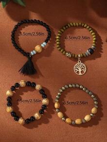 4pcs/Set Bohemian Style Tassel Life Tree Pendant Multi-Layer Wooden Bead Chain Bracelet - Green - View 3
