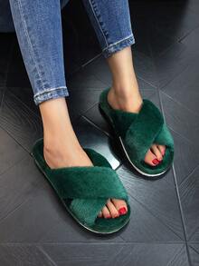 Women's Fluffy Soft Criss-Cross Slippers, Warm Plush Fuzzy Open Toe Slip-On House Shoes, Comfortable Indoor Outdoor Slippers, Breathable Pink - Dark Green - View 3