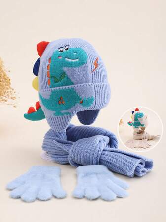 3pcs Dinosaur Shaped Hat, Scarf, Gloves Set, Kids Dinosaur Tail Thick Double Layer Earwarmer Knit Beanie Cap, Cute & Fashionable, Soft & Breathable, Suitable For Outdoor, Walking, Playing, Skiing, Ice Skating In Winter