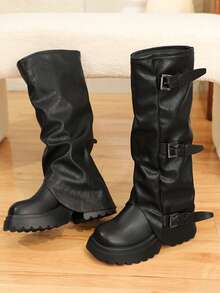 Damen Schwarze Kniehohe Stiefel, Runde Zehenkappe Dicke Sohle Reitstiefel, Modestiefel für Damen, Herbst/Winter