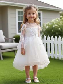 Long Sleeve Lace Patchwork Flower Girl Dress, Trailing Formal Gown For Wedding, Piano Recital - White - View 7