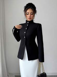 Palton elegant pentru femei, cu guler înalt, culoare solidă, cu buzunar și nasturi în față, stil business casual - Negru - Vizualizare 7