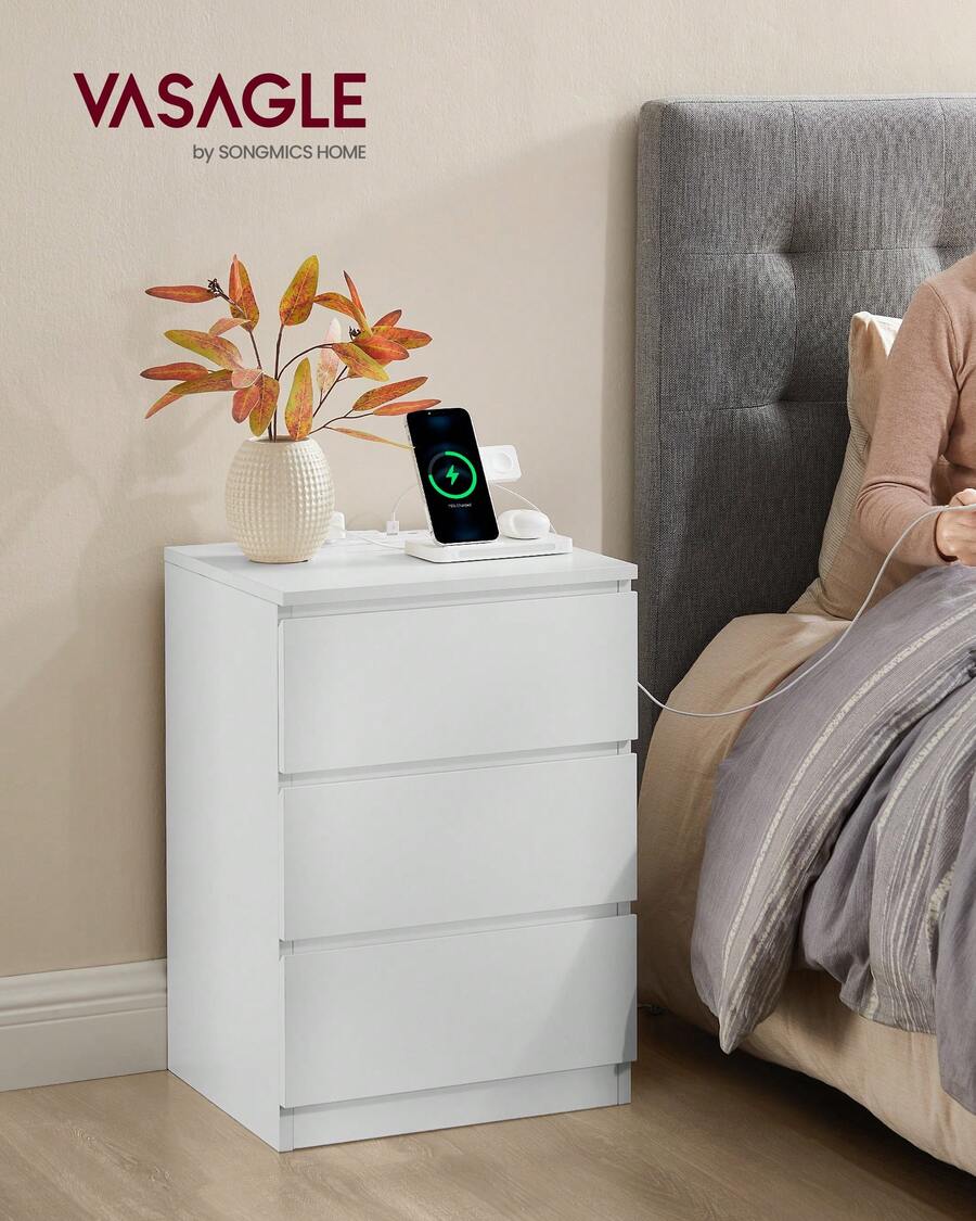 VASAGLE Nightstand With Charging Station, 2 AC Outlets And 2 USB Ports, Bedside Table, Side Table With 3 Drawers, Modern Style, 13.8 X 15.7 X 23.2 Inches - Xem 1