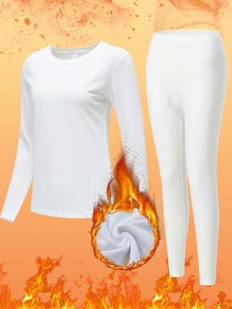 Conjunto de ropa interior térmica para mujer - Camiseta de cuello redondo de manga larga y pantalones en blanco elegante | Forro térmico, ultra cálido, transpirable y ajustado | Perfecto para estar en casa, viajes en la ciudad, esquí y senderismo | Tecnología antiestática y de secado rápido | Esencial de invierno para otoño, Navidad y temporada festiva
