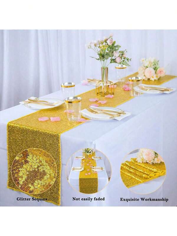 1pc/6pcs Gold Sequin Table Flags For Wedding, Party, Christmas & Holiday Decorations | Glitter Fabric Tablecloths For Catering Events, Banquets & Special Occasions Wedding Accessories Wedding Supplies Holiday Essentials Home Decoration