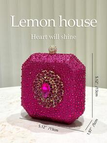 1 件紫红色闪亮水钻装饰优雅迷你盒式手拿包，时尚个性化手提包，适合晚会、婚礼、庆典、节日、女士 - 查看 4