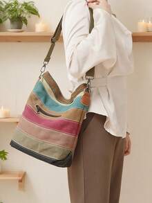 Sac à bandoulière pour femme, sac hobo en toile, sac à main, sac à bandoulière multicolore avec poignée - Multicolore - Voir 2