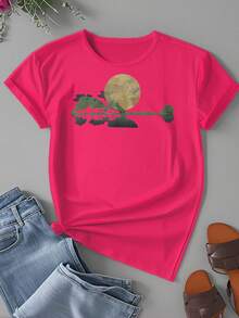 Women's Plus-Size Guitar Lake Landscape At Night Guitarist Fashionable Casual Daily Shopping Loose T-Shirt - 粉色 - 查看 2
