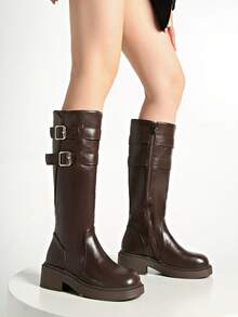 粗跟方头纯色弹力修身过膝长靴/中筒靴，秋季、冬季、派对必备 - 棕色 - 查看 5