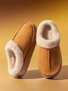 男女通用毛绒内衬拖鞋，舒适休闲风格，适合秋冬，毛茸茸的内衬，防滑厚底，纯色面料鞋面，适合户外穿着，可机洗，一脚蹬，防滑 EVA 鞋底，舒适厚底家居鞋 - 卡其色 - 查看 9