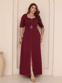 Women's Long Dress With Half Sleeves And Simple Print With Exposed Seams, Super High Fashion Winter, Árbora Eminence. - 酒紅色 - 查看 3