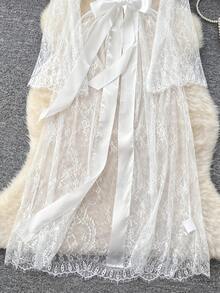 Women's See-Through Sexy White Lace Robe With Belt, Fitted Thin Fabric Nightwear For All Seasons, Elegant Sleepwear And Lingerie - trắng - Xem 5