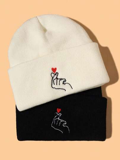 2pcs Hand Embroidery Knit Beanie Casual Winter Fall Valentine's Day Valentines
