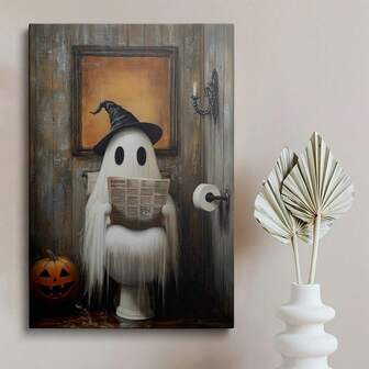 1 Pc Canvas Painting,Ghost, Witch Hat, Newspaper, Pumpkin, Toilet Paper ,Wood Framed Painting (1) Thickness 2.5 Cm/ 1 Inch-Home Decoration For All Occasions,Ideal New Year, Valentine's Day,Thanksgiving,Easter,Christmas Gift,Room Decoration Aesthetic,Wall Decoration Art,Perfect Gift,Autumn And Winter Wall Decoration,Living Room Decoration, Bedroom Decoration, Kitchen Decoration, Entry Decoration, Bathroom Decoration, Direct Wall Painting, High Quality Wall Painting Poster,Modern Home Decoration Stretched And Framed Ready To Hang