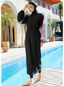 Burkini Muslim Women's Swimsuit Plain Islamic Swimsuit Printed Long Sleeved Full Set 3PCS Set Beach Wear With Hat