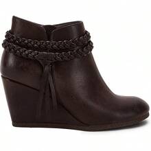 Womens Wedge Ankle Boots Braided Fringe Strap Western Heeled Fall Booties Dress Shoes - 1-深棕色 - 查看 4