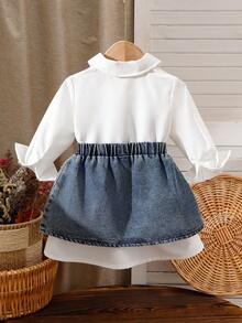 مجموعة فستان قميص أكمام طويلة وتنورة ميني جينز للبنات الرضع، طراز راقي وأنيق