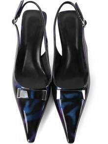 Women's Pointed Toe Slingback Heels Metal Buckle Ankle Strap Kitten Low Heel Pumps 2 Inch Stylish Retro Women Shoes-20256688 - 漆皮黑藍色 - 查看 10