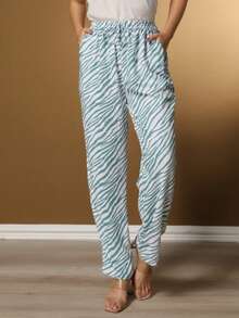 Tiger Print Animal Print Pocket Mesh Drawstring Holiday - Màu xanh nước - Xem 3