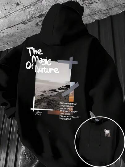 Sudadera con capucha de forro polar de 250g para hombres de la selección de Ling Moyun - Impresión gráfica de la orilla La magia de la naturaleza,% poliéster, bolsillo canguro y capucha con cordón, lavable aáquina, sudadera casual para todas las estaciones, moda urbana, estilo urbano, material acogedor, sudadera impresa, entusiastas de la naturaleza, sudadera de uso diario, sudadera de moda, tela duradera, guardarropa de invierno