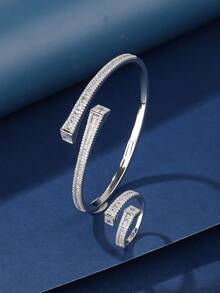 两件套首饰：开口手镯和戒指，方形立方氧化锆设计，简约中性风格，适合女性日常及节日佩戴。 - 003512 - 查看 4