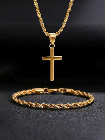 Men's Fashion Business Casual Jewelry Set, Cross Necklace And Bracelet Matching Pair, Perfect Gift For Father's Day, Christmas, Thanksgiving