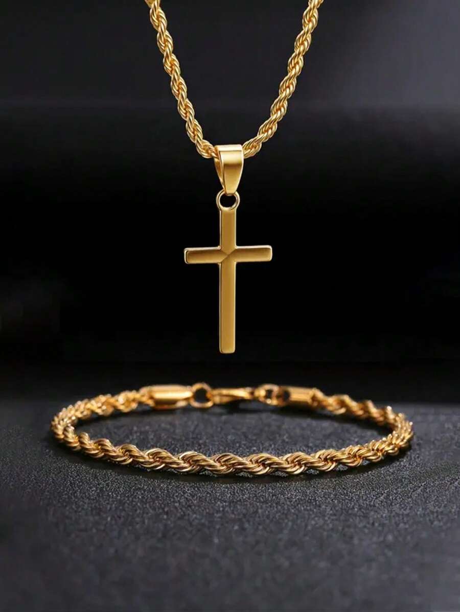 Men's Fashion Business Casual Jewelry Set, Cross Necklace And Bracelet Matching Pair, Perfect Gift For Father's Day, Christmas, Thanksgiving - Multicolor - View 1