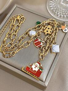 1 Pc Santa Claus Charm Necklace For Women Cute Pendant Stainless Steel Chain Necklace Daily Party Jewelry Christmas Gifts