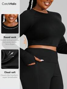 Plus Size High Waist Cropped Sports Top - Round Neck, Cloud-Soft 4-Way Stretch Fabric, Shaping Waist, Breathable & Non-Restrictive, Suitable For Autumn/Winter Fitness, Yoga, Casual Wear, Women's Sports T-Shirt, Slim Fit, Full Size Range - Black - View 2