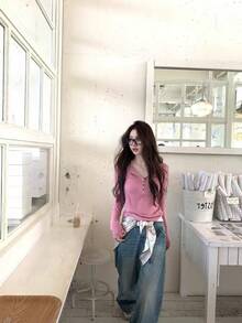 Women's Casual Button Design Long Sleeve T-Shirt, Korean Style, Autumn - Pink - View 3