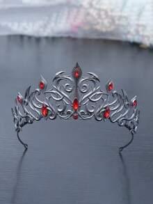 1 Stück rote Kristall schwarze Metallkrone, Vintage Gothic Stil Dornenmuster, einzigartiges Gothic Dekor Accessoire für formelle Anlässe