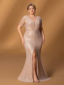 Faeriesty Mosy Plus Mother Of The Bride Dress: Elegant Sequin Deep V-Neck Mermaid Evening Gown With Shoulder Tassels – Front Slit Fish-Tail Skirt For Weddings, Galas, Red-Carpet Events