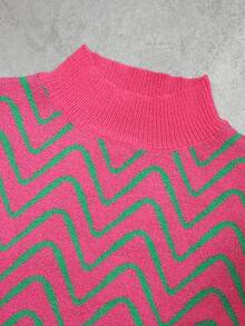 Pull-over femme à col rond, motif vague et clash fluorescent en laine tricotée, col montant