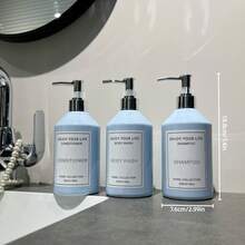 3pcs 500ml/16oz Light Blue Slanted Shoulder Large Capacity Refillable Bottles With Silver Pump Heads, Suitable For Shampoo, Body Wash, Conditioner, Bathroom Storage Set With Waterproof Labels