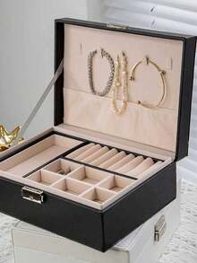 صندوق مجوهرات ذو طبقتين سعة كبيرة، صندوق تخزين مجوهرات محمول، صندوق مجوهرات للزينة، صندوق مجوهرات هدية من الجلد، حاوية عرض فاخرة للتخزين، صندوق مجوهرات متعدد الوظائف من جلد البولي يوريثان مع قفل لساعة، صندوق تخزين، صندوق تخزين خاتم وأقراط وقلادة، صندوق تخزين مجوهرات منزلي، صندوق منظم مجوهرات