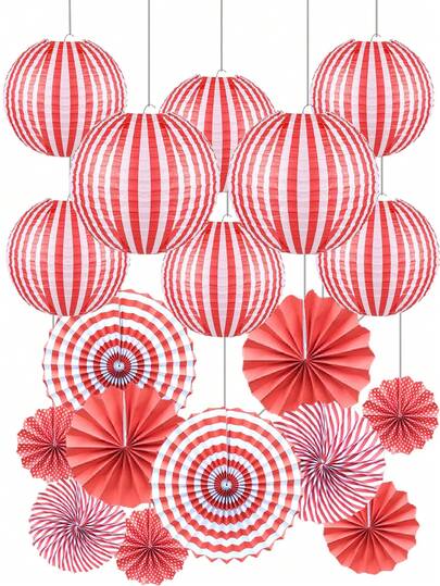 8pcs Christmas Red Party Hanging Paper Fans Decorations,Christmas Red And White Stripes Paper Lanterns Fans Paper Flowers,For Carnival,Circus,Birthday,Shower,Christmas Decorations,Wedding,Family Dinner Winter Room Decor