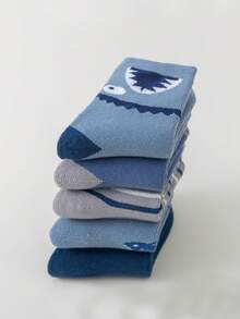 5 Pairs Boys' Crew Socks, Toddler Kids' Mid-Calf Socks, White & Blue, Color Block, Cartoon Letter, Striped, Shark Pattern, Plush Lining, Spring/Autumn & Winter, Thick, Suitable For Daily Wear, Gifts, Cute, Fashionable, Minimalist, Suitable For Daily Outfit, Students, Warm - Multicolor - View 10