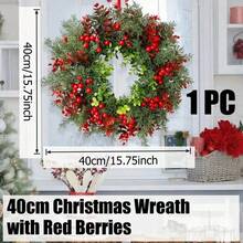 1pc 40cm Christmas Wreath With Red Berries - Artificial Eucalyptus Leaves Door Hanging, Suitable For Indoor And Outdoor Holiday Decorations, Front Door Garland, Home Wall Decoration Home Decor Christmas Decorations Room Decor