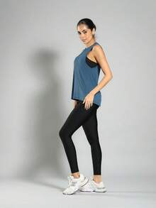 FITNATION Elongated Fitness Tank Top In Perforated Fabric With LYCRA, Ideal For All Sports - Teal Blue - View 5