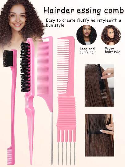 4pcs Curly Hair Styling Combs Set, Including Carbon Lift Teasing Combs With Metal Prong, Teasing Hair Brush, Rat Tail Comb, Edge Brush, Hair Brush, Comb, Hair Tools, Hair Products And Accessories For Barber Salon Beauty Back To School, Travel Holiday Essentials, Hair Accessories For Women, Slick Back Brush, Barber Accessories, Hair Dryer, Hair, Barber, Hair Tools, Hair Products, Travel Essential, Hairstyle, Hairdressing, Hair, Travel, Hair Products, Hair Tools, Hair Stuff, Barber, Barber Accessories, Barbershop, Hairdressing Equipment