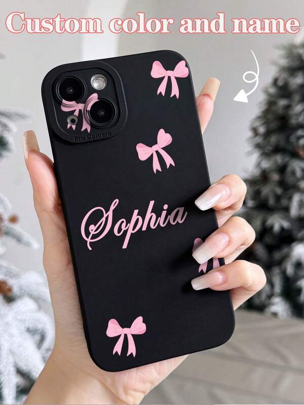1pc Customized Name & Bow Color Pattern Phone Case, Fashionable Custom Design Reflective Thick Anti-Drop Phone Case Compatible With Apple 11 12 13 14 15 16 Pro Max