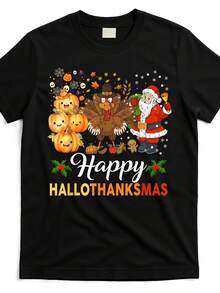 Camiseta gráfica de mashup de Happy Hallothanksmas Halloween Thanksgiving Christmas - Diseño divertido de calabaza, Santa y pavo - Camiseta negra con detalles naranjas - Camiseta unisex para adultos, casual, de fiesta, lavable a máquina, de algodón - Negro - Ver 2