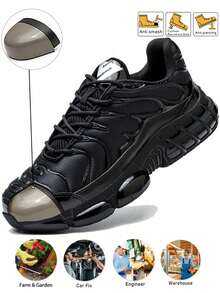 【建议选大一码】钢头安全鞋，男士工作运动鞋，旋转扣设计，方便穿脱，透气防砸，工作安全靴，防刺穿，防砸，EVA减震鞋底，男女通用轻便工作鞋，户外徒步防刺穿防砸鞋 - 黑色 - 查看 2