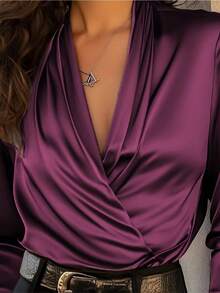 1 pieza Blusa de manga larga con cruce en satén de unicolor, adecuada para uso diario, citas, vacaciones, fiestas, viajes, primavera/otoño