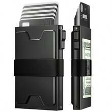 男士超薄铝制卡包钱包，耐用可扩展背板，RFID 防盗刷极简金属弹出式钱包，可容纳 12 张以上卡片和现金 - 黑色 - 查看 7