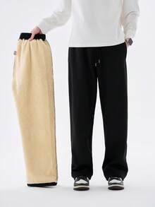 男士保暖跑步裤 - 纯色，抽绳腰带，拉链口袋，舒适弹力涤纶混纺面料，冬季保暖 - 黑色 - 查看 13