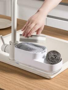 1pc 2-In-1 Soap Dispenser With Sponge Holder, Liquid Soap Pump Bottle, Bathroom Lotion Container, Bathroom Accessories Kitchen Items Kitchen Accessories Kitchen Kitchen Tools - White - View 11