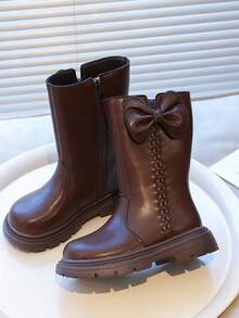 1双儿童/青少年西部风格PU皮革蝴蝶结装饰中筒靴，经典黑色/复古纯棕色，休闲切尔西靴，舒适绒面内里，厚底，适合3-14岁女孩日常、聚会、假期、秋冬季穿着。 - 棕色 - 查看 4