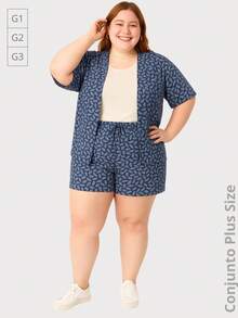 Plus Kimono And Printed Crepe Shorts Set - Màu xanh lam - Xem 4