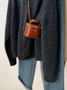 Vintage Heart Button Solid Color Wool Blend Oversized Crew Neck Cardigan, Minimalist & Versatile For Autumn/Winter - Dark Grey - View 4